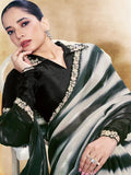 Black & White Two Tone Satin Silk Embroidered Saree