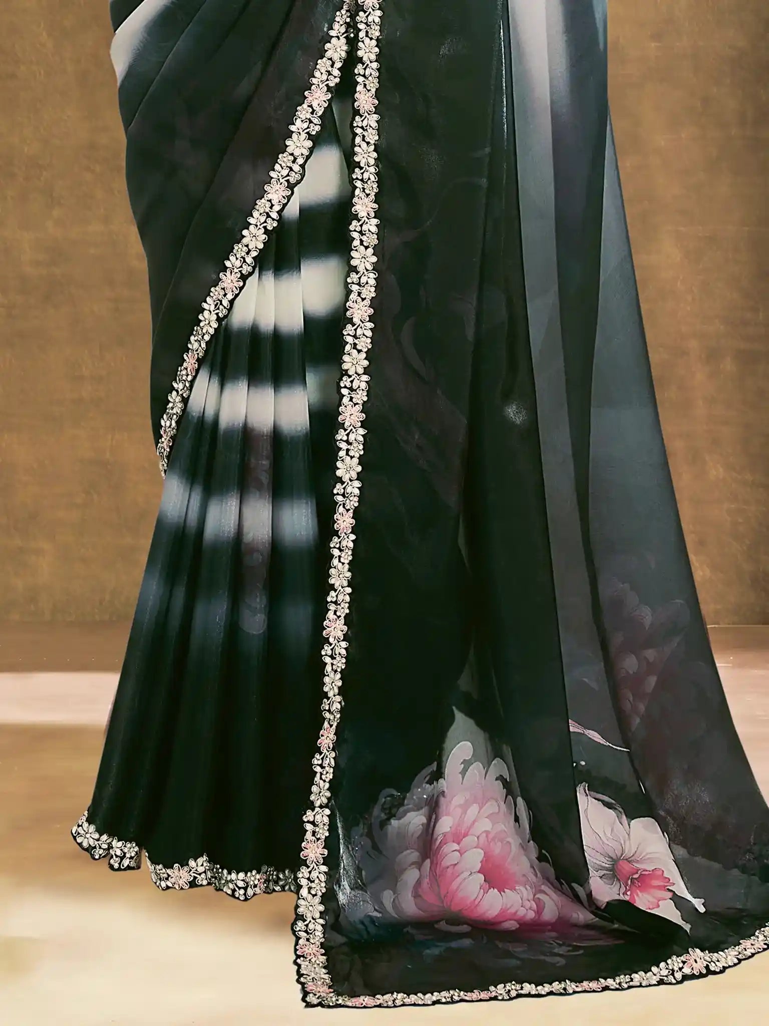 Black & White Two Tone Satin Silk Embroidered Saree - View 3