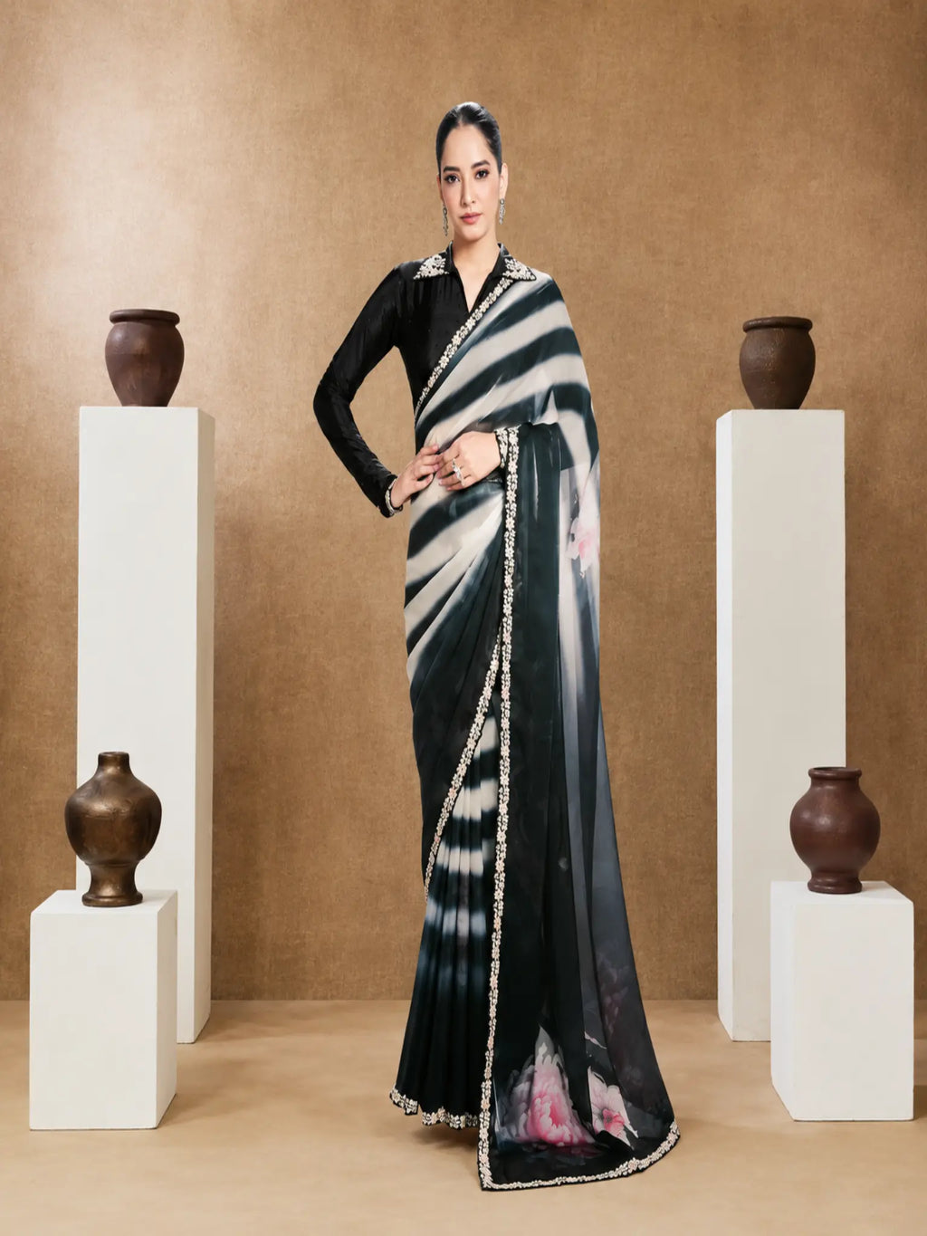 Black & White Two Tone Satin Silk Embroidered Saree