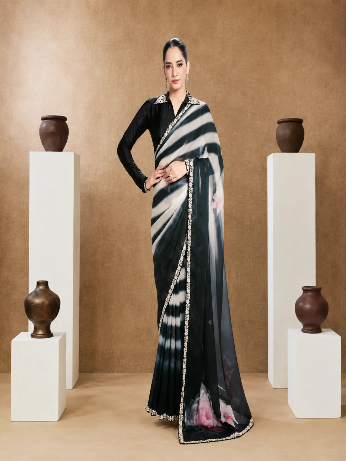Black & White Two Tone Satin Silk Embroidered Saree