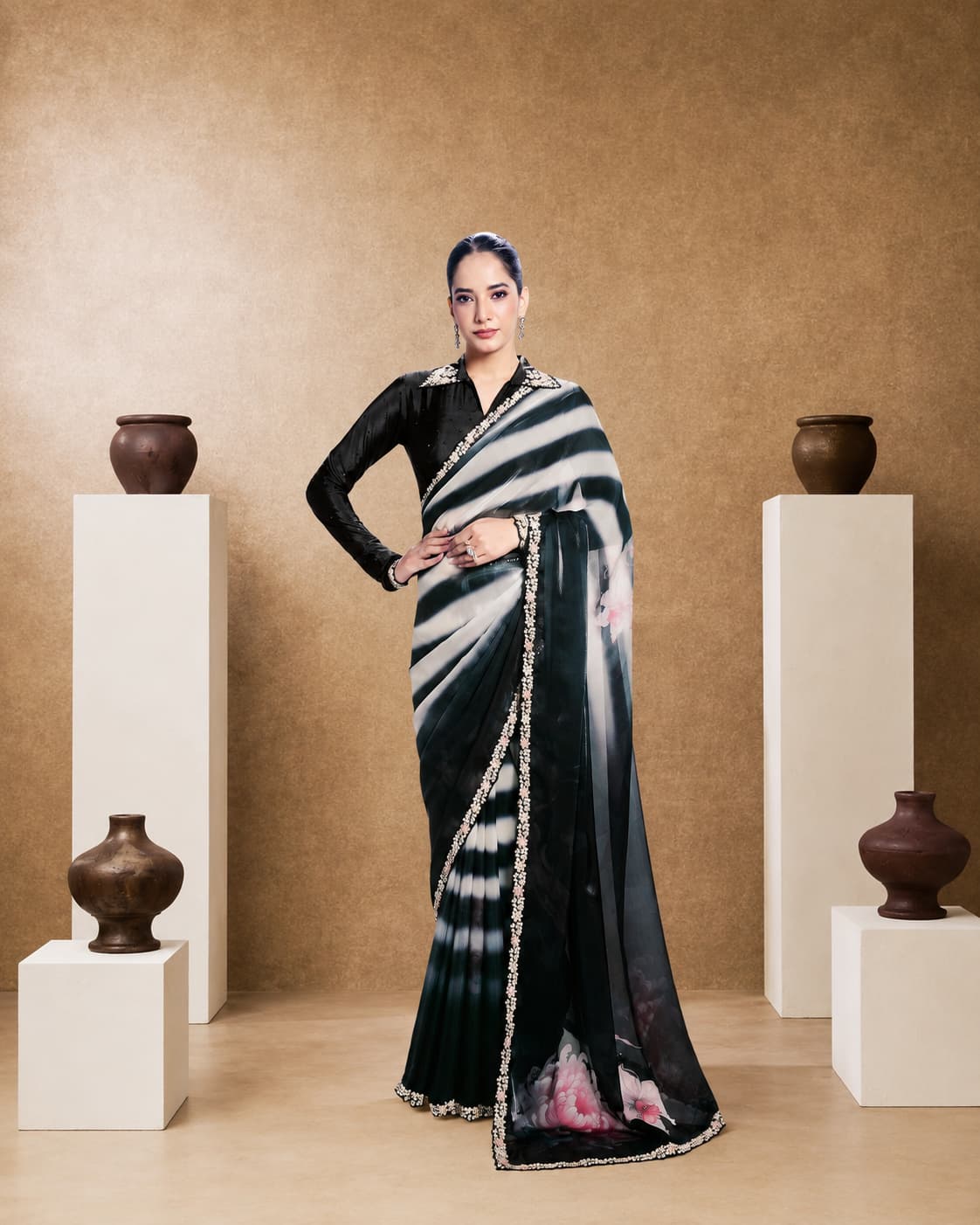 Black Two Tone Satin Silk Saree with Digital Shaded Print & Stone Handwork | Premium Designer Saree | Naksh Creation