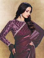 Wine Two Tone Satin Silk Sequin Embroidered Saree - View 1