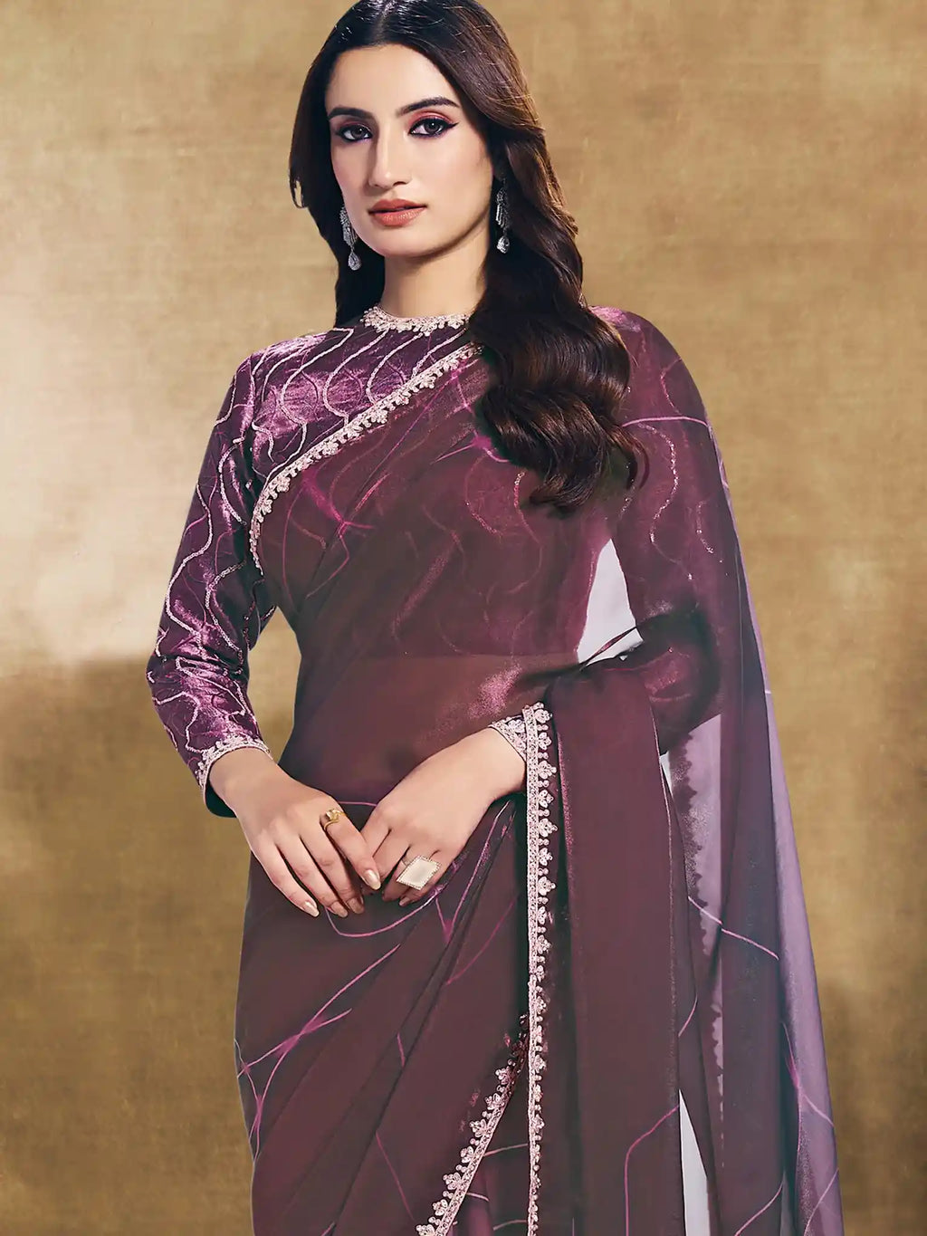 Wine Two Tone Satin Silk Sequin Embroidered Saree - View 2