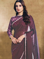 Wine Two Tone Satin Silk Sequin Embroidered Saree - View 2