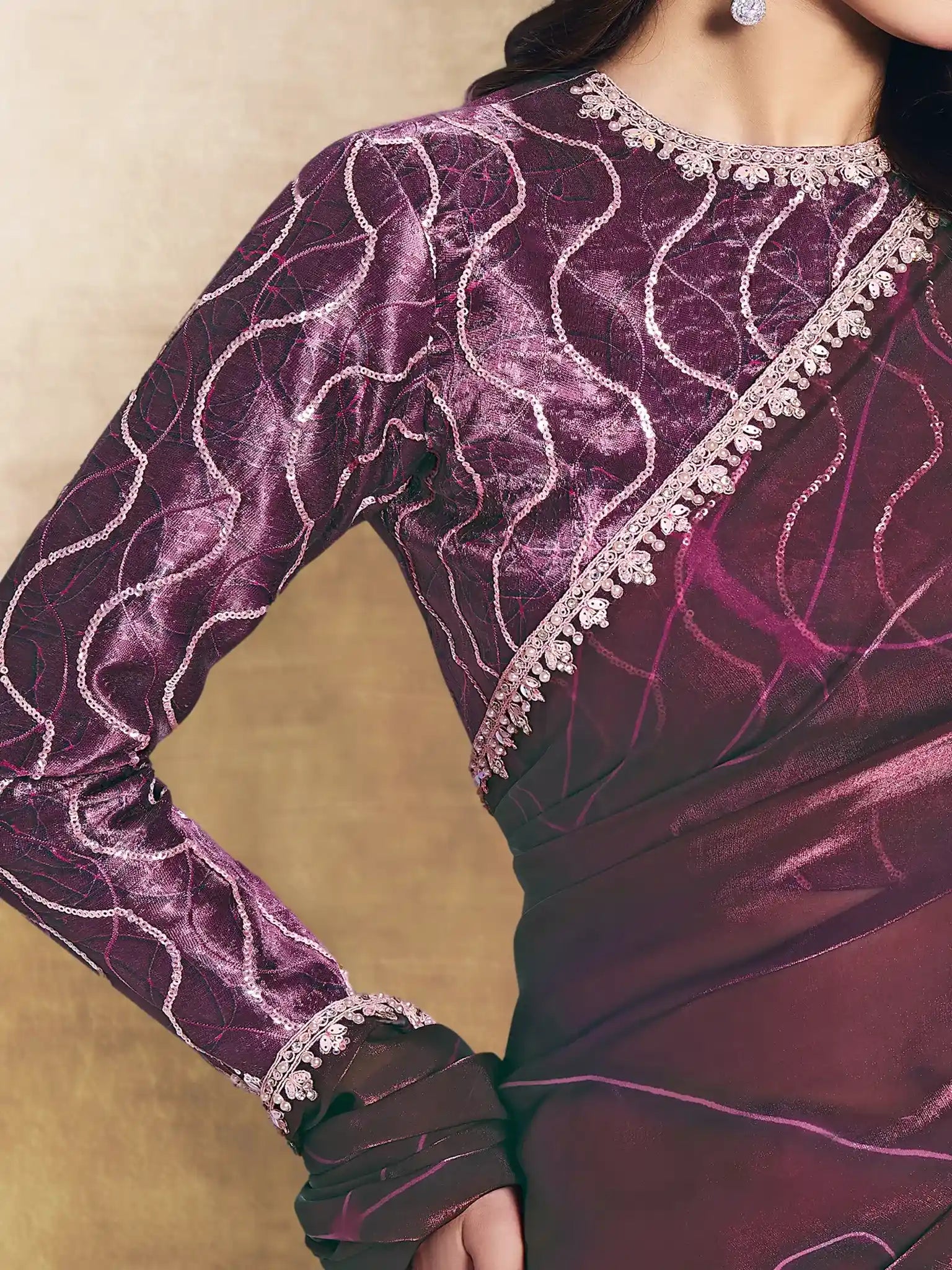 Wine Two Tone Satin Silk Sequin Embroidered Saree - View 3