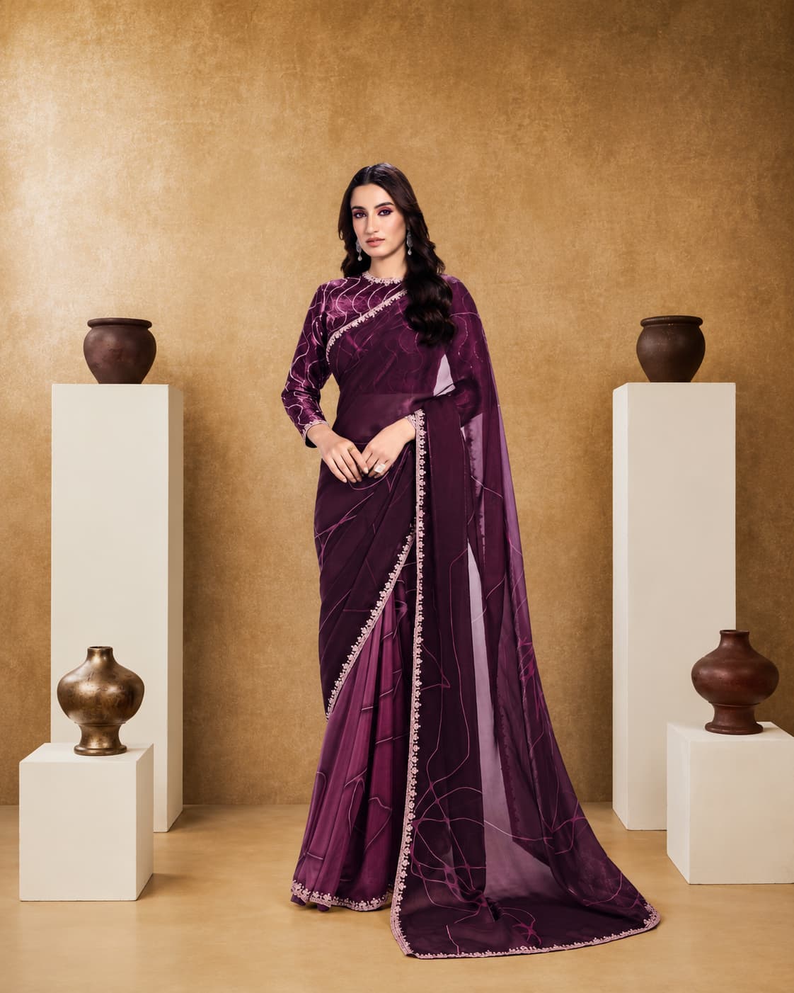 Wine Two Tone Satin Silk Saree with Digital Abstract Print & Sequins Stone Handwork | Premium Designer Saree | Naksh Creation