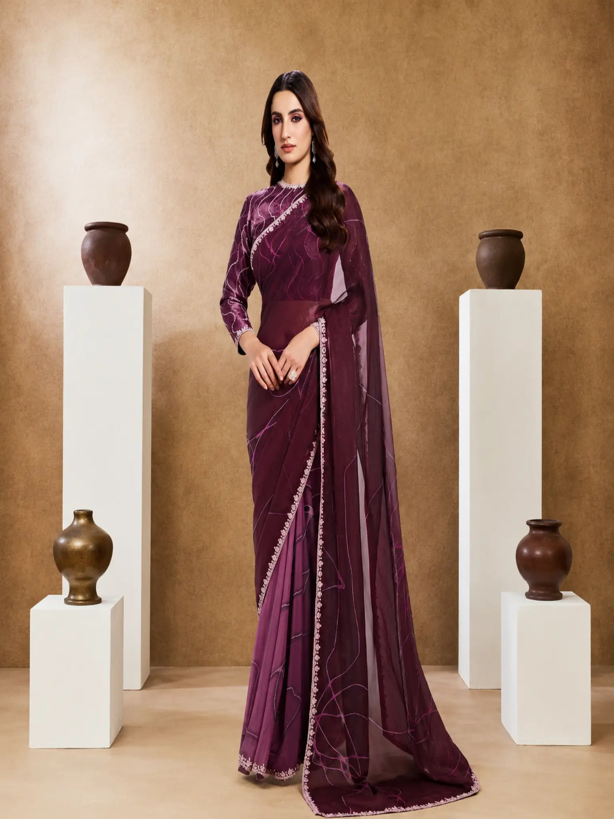 Wine Two Tone Satin Silk Sequin Embroidered Saree
