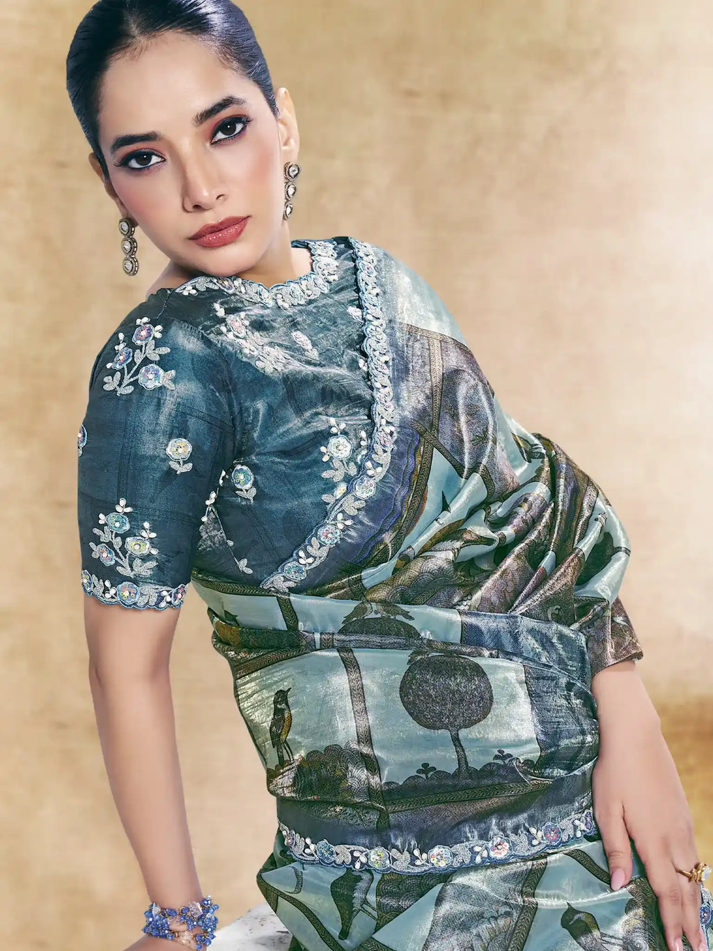 Teal Blue Two Tone Paper Silk Embroidered Saree - View 1