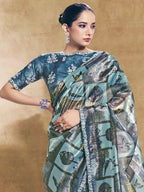 Teal Blue Two Tone Paper Silk Embroidered Saree - View 2