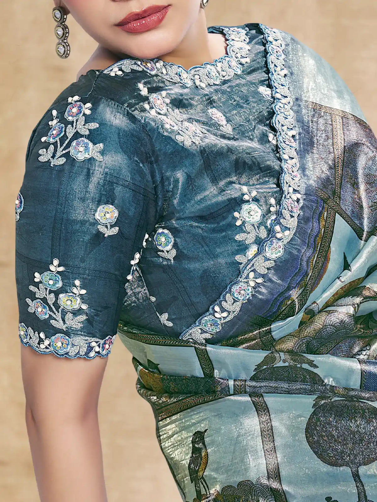 Teal Blue Two Tone Paper Silk Embroidered Saree - View 3