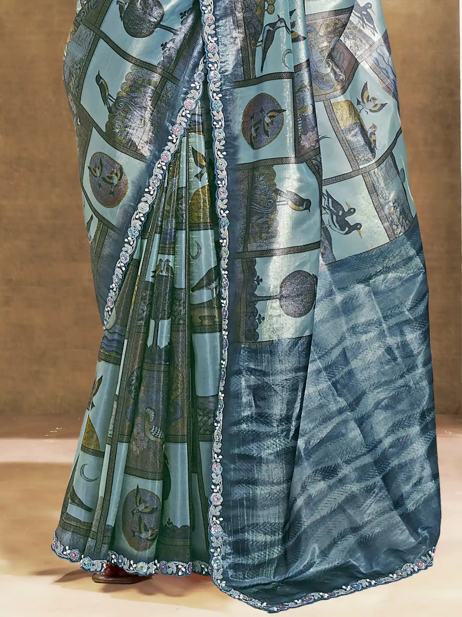 Teal Blue Two Tone Paper Silk Embroidered Saree - View 5