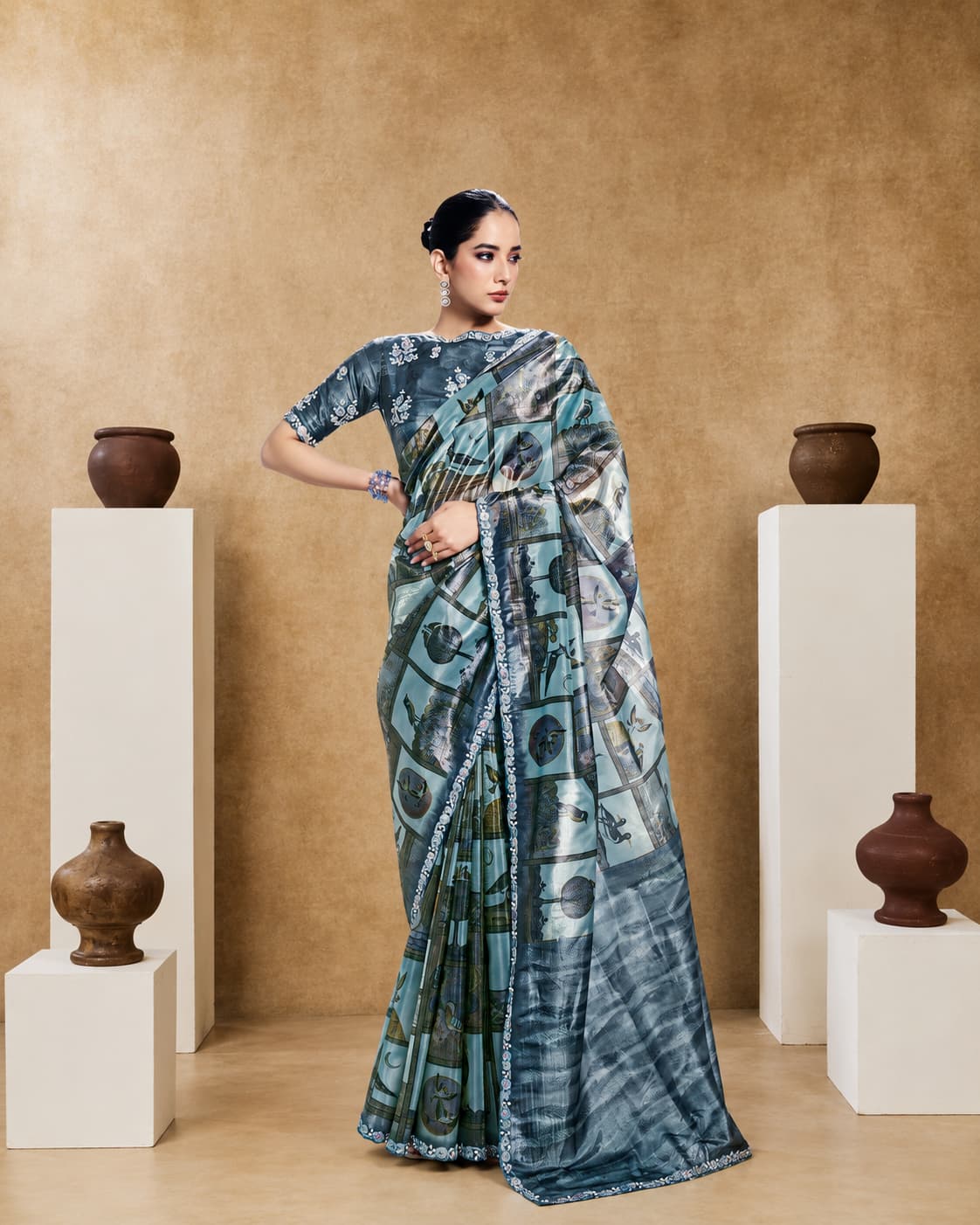 Blue Two Tone Paper Silk Saree with Digital Traditional Print & Stone Handwork | Premium Designer Saree | Naksh Creation