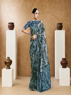 Teal Blue Two Tone Paper Silk Embroidered Saree
