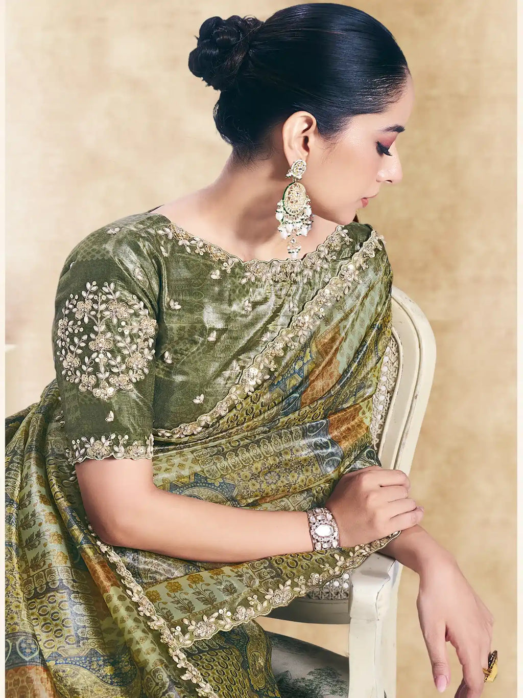 Olive Green Two Tone Paper Silk Embroidered Saree - View 1