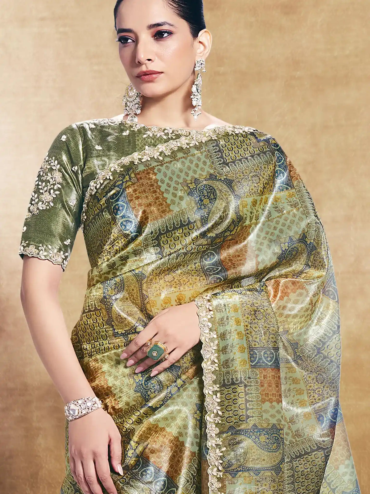 Olive Green Two Tone Paper Silk Embroidered Saree - View 2