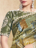 Olive Green Two Tone Paper Silk Embroidered Saree - View 3