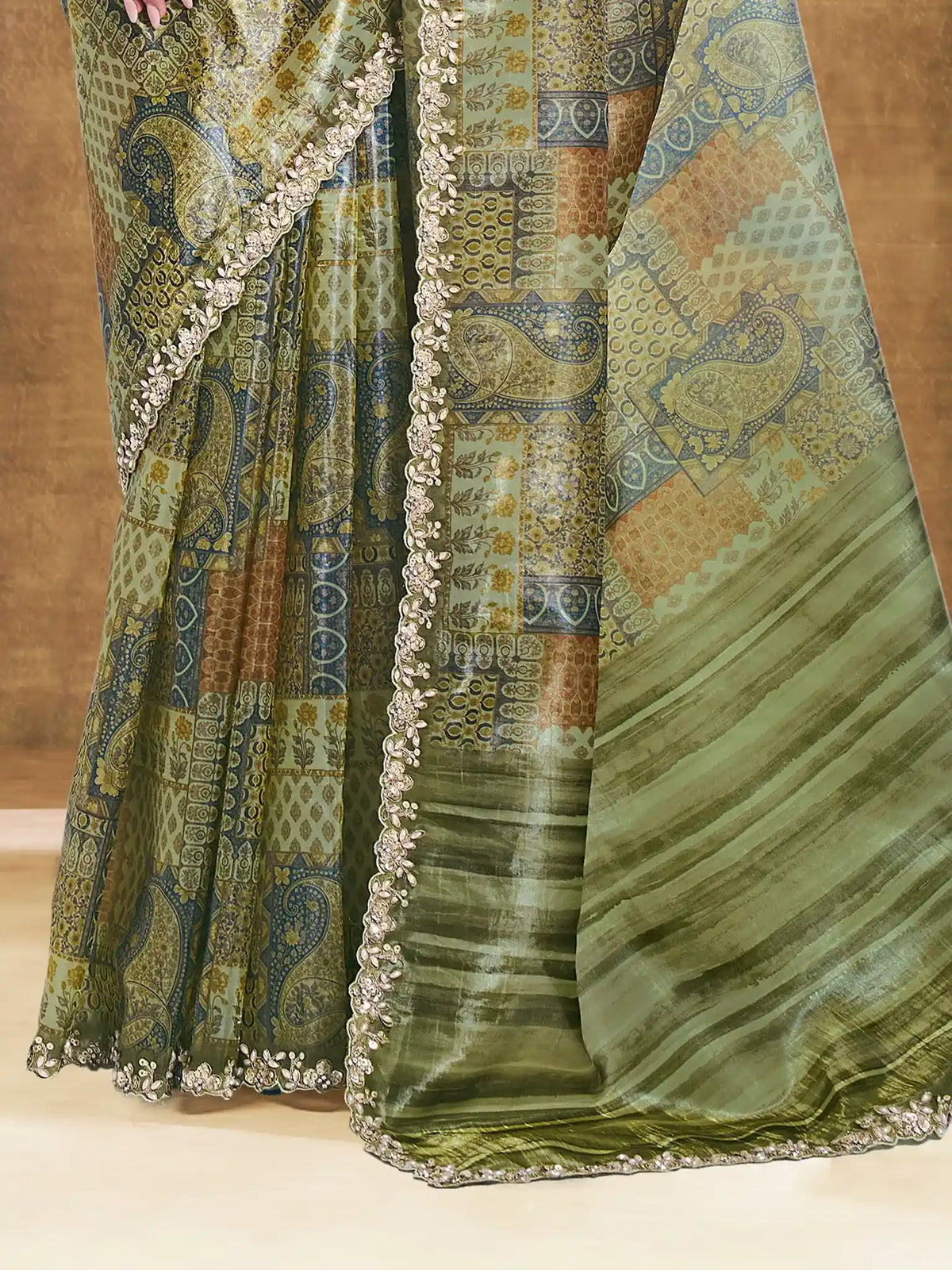 Olive Green Two Tone Paper Silk Embroidered Saree - View 4