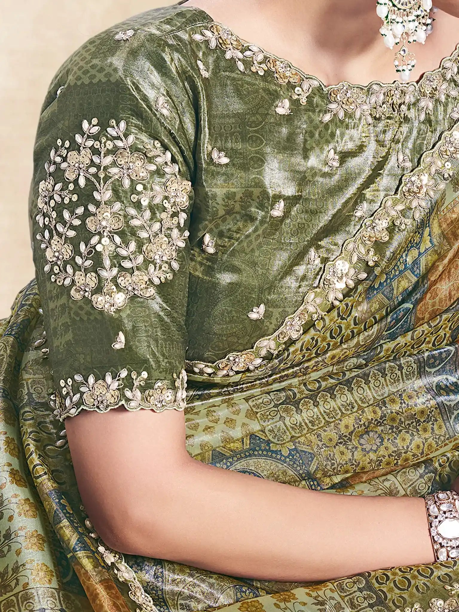Olive Green Two Tone Paper Silk Embroidered Saree - View 5