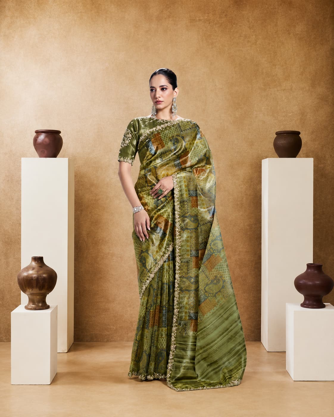 Green Two Tone Paper Silk Saree with Digital Traditional Print & Stone Handwork | Premium Designer Saree | Naksh Creation