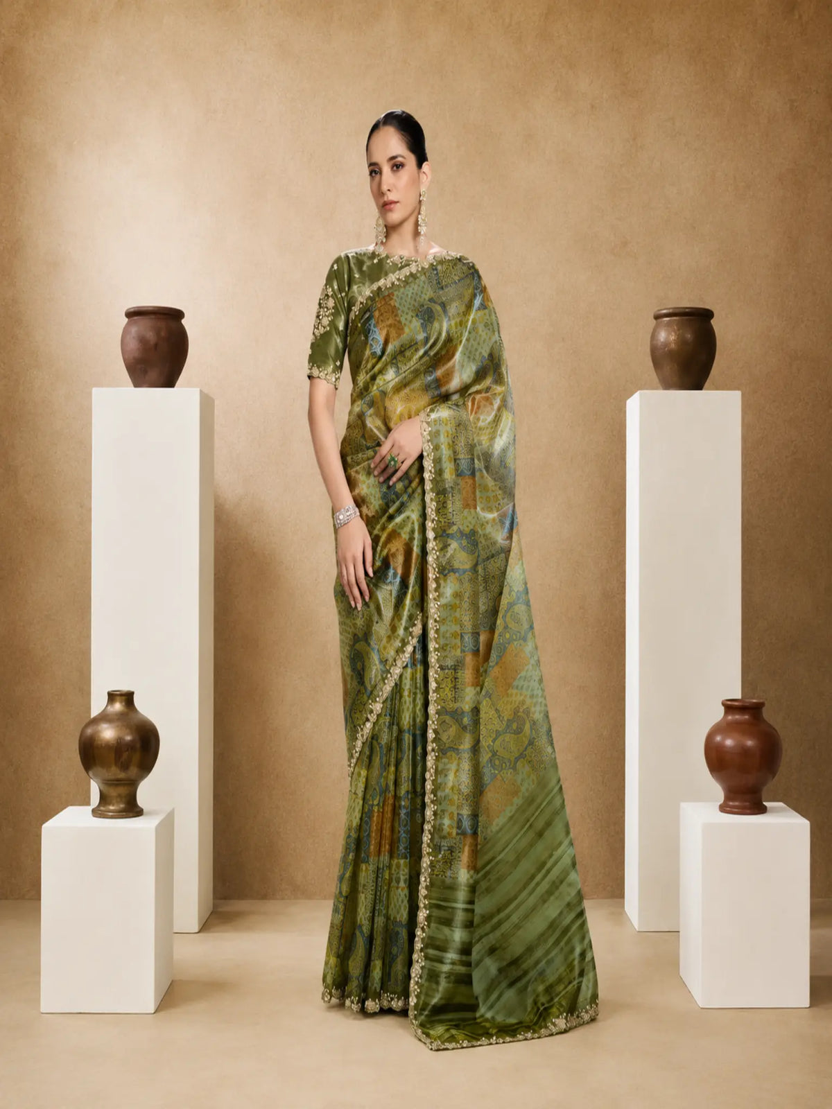 Olive Green Two Tone Paper Silk Embroidered Saree