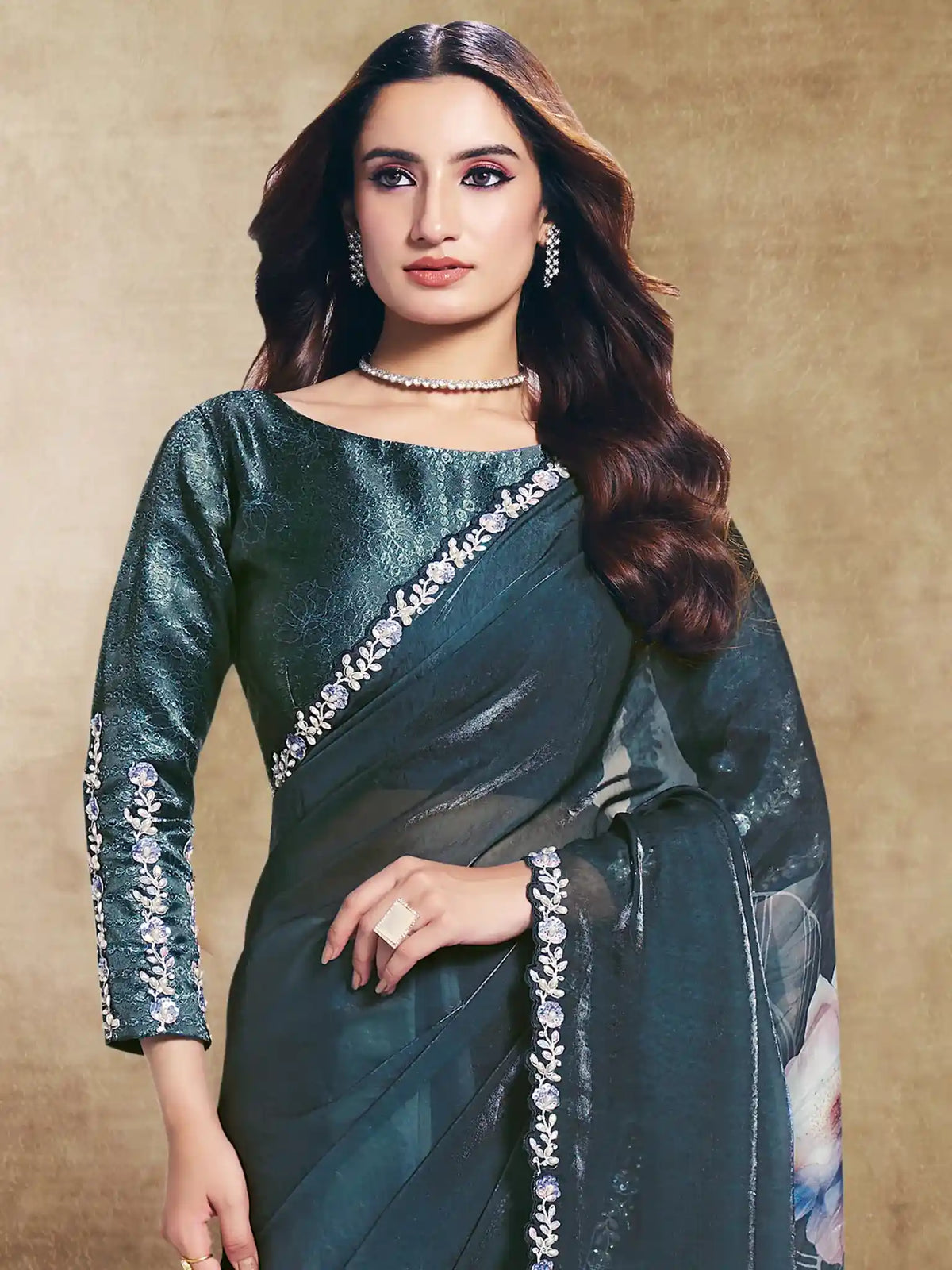 Teal Two Tone Satin Silk Embroidered Saree - View 2
