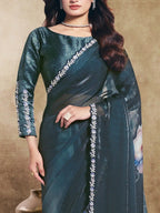 Teal Two Tone Satin Silk Embroidered Saree - View 3