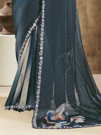 Teal Two Tone Satin Silk Embroidered Saree - View 4