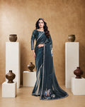 Teal Blue Two Tone Satin Silk Saree with Digital Abstract Print & Stone Handwork | Premium Designer Saree | Naksh Creation