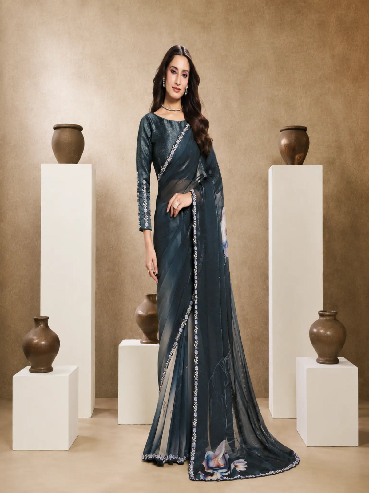 Teal Two Tone Satin Silk Embroidered Saree