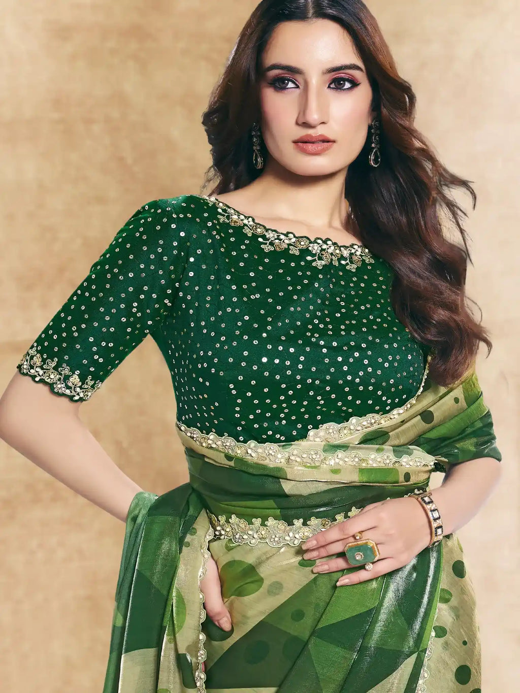 Bottle Green Two Tone Satin Silk Sequin Embroidered Saree - View 1