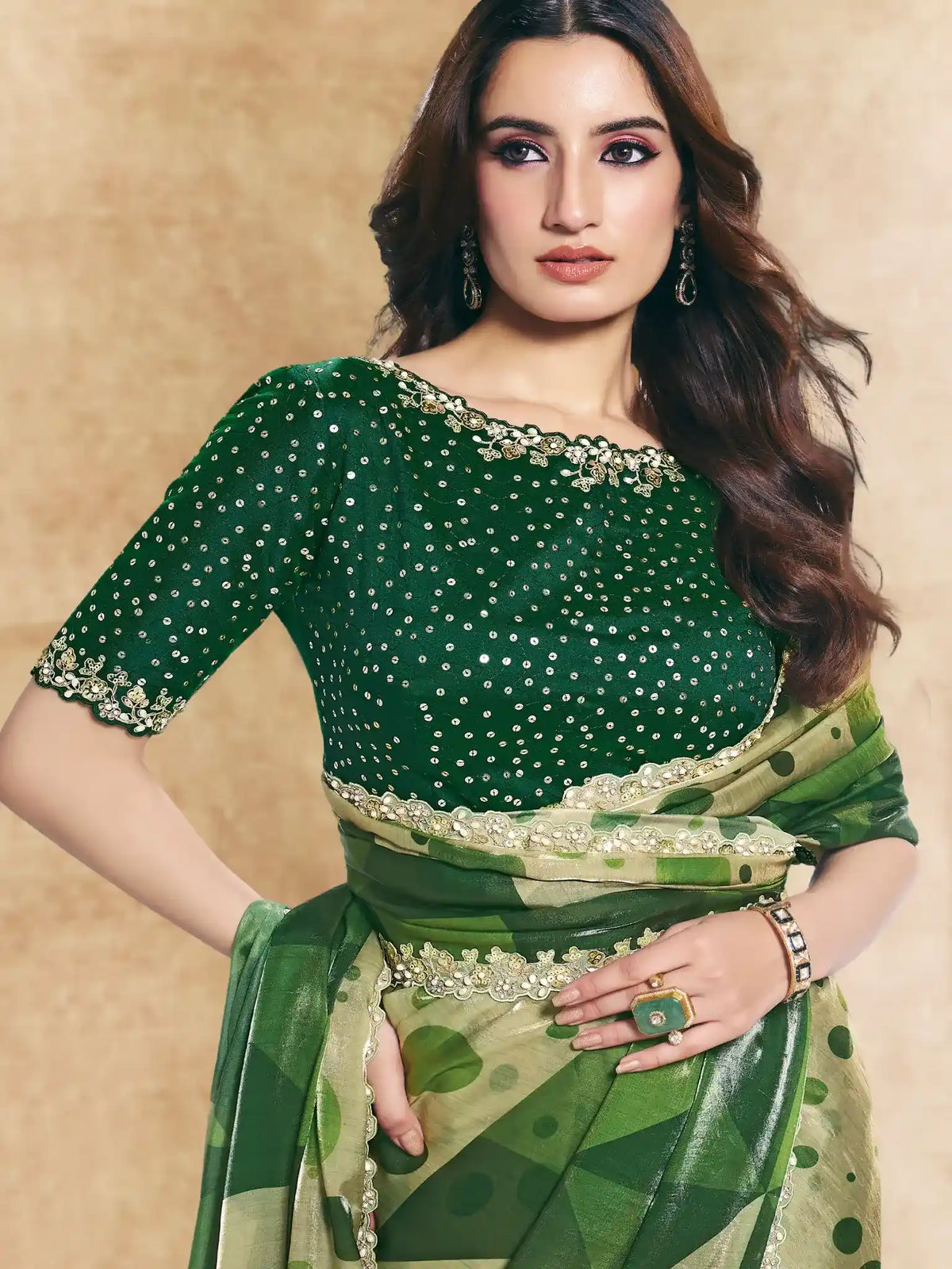 Bottle Green Two Tone Satin Silk Sequin Embroidered Saree - View 1