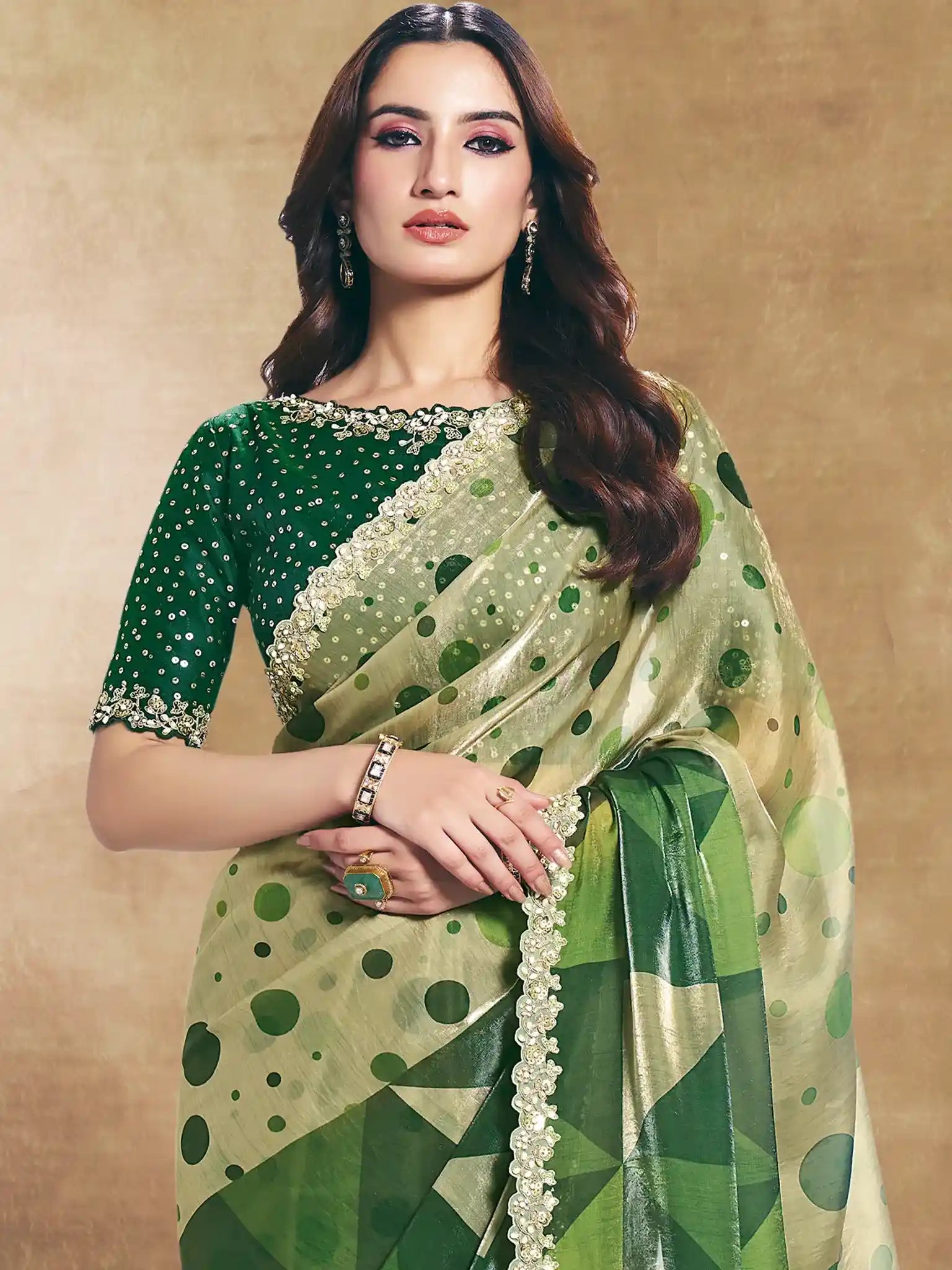 Bottle Green Two Tone Satin Silk Sequin Embroidered Saree - View 2