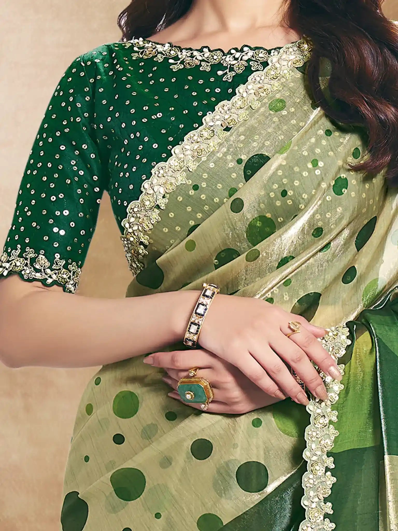 Bottle Green Two Tone Satin Silk Sequin Embroidered Saree - View 3