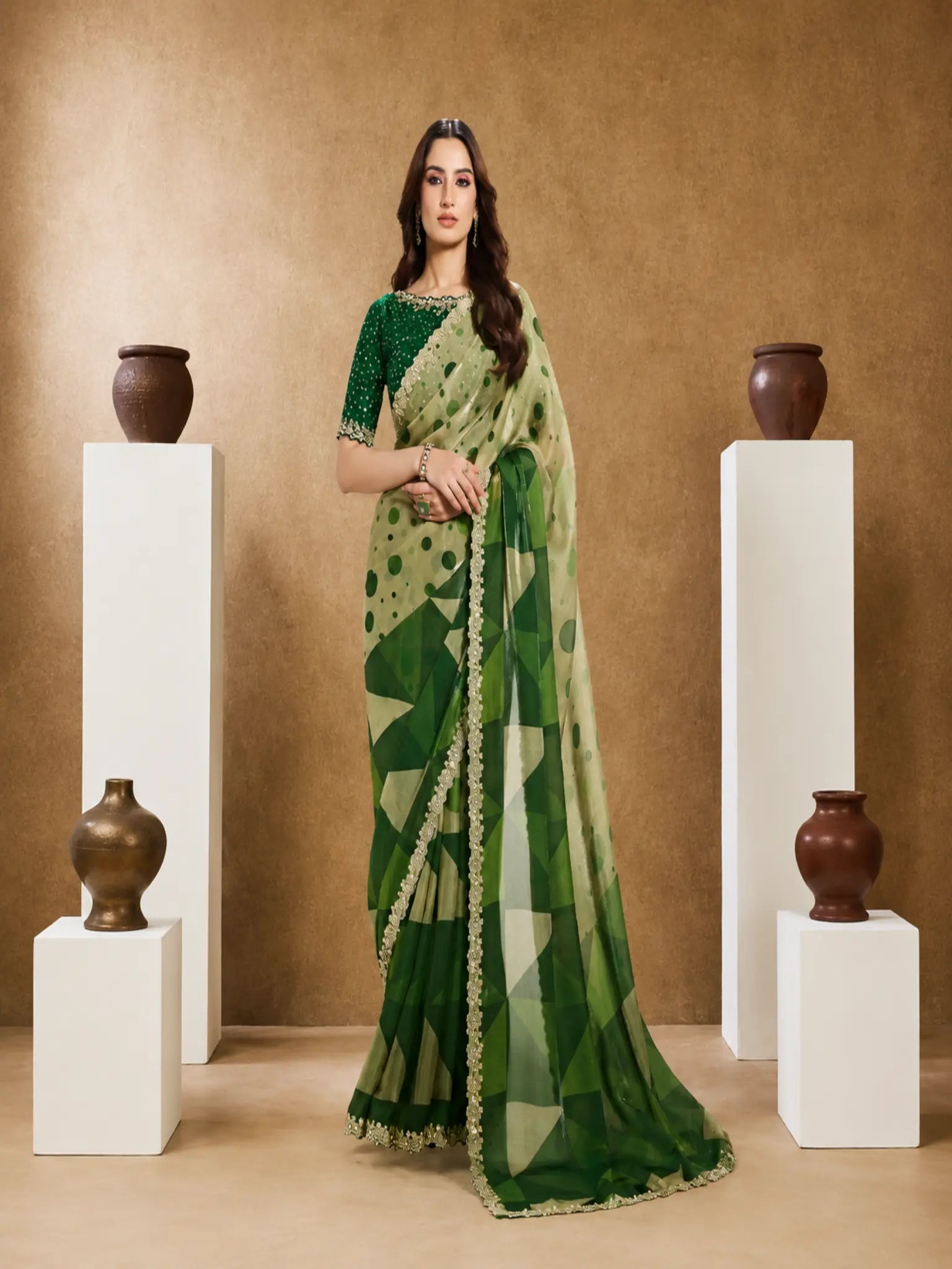 Bottle Green Two Tone Satin Silk Sequin Embroidered Saree