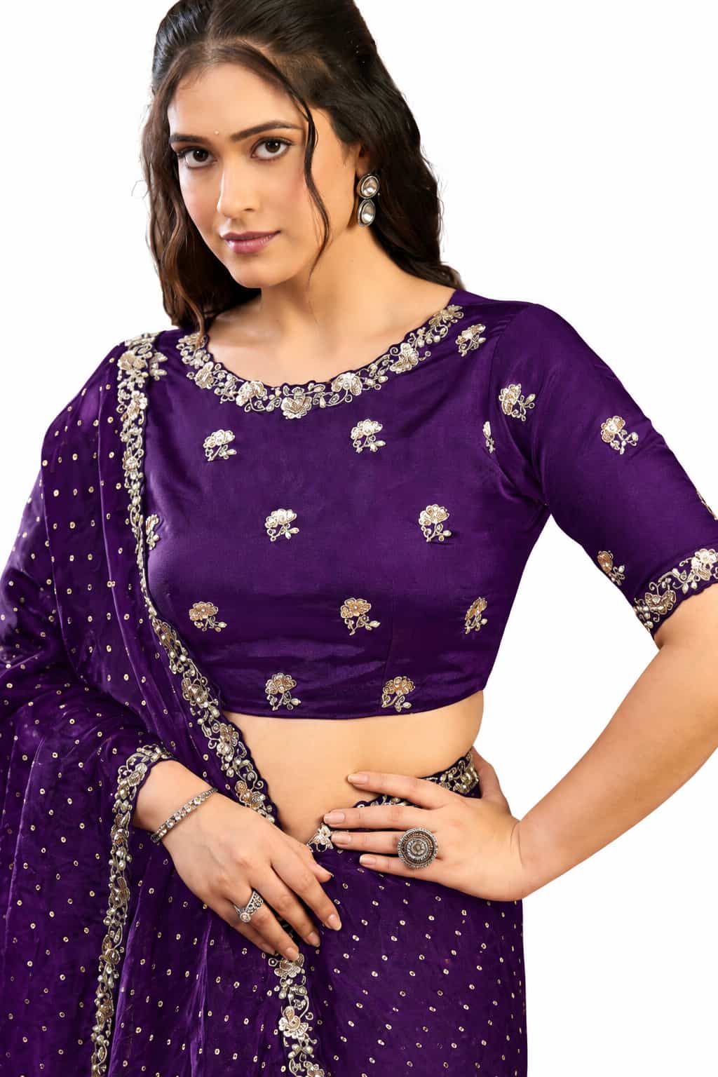 Purple Two Tone Satin Silk Mirror Work Saree