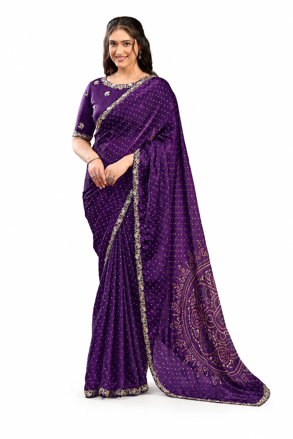 Purple Two Tone Satin Silk Mirror Work Saree