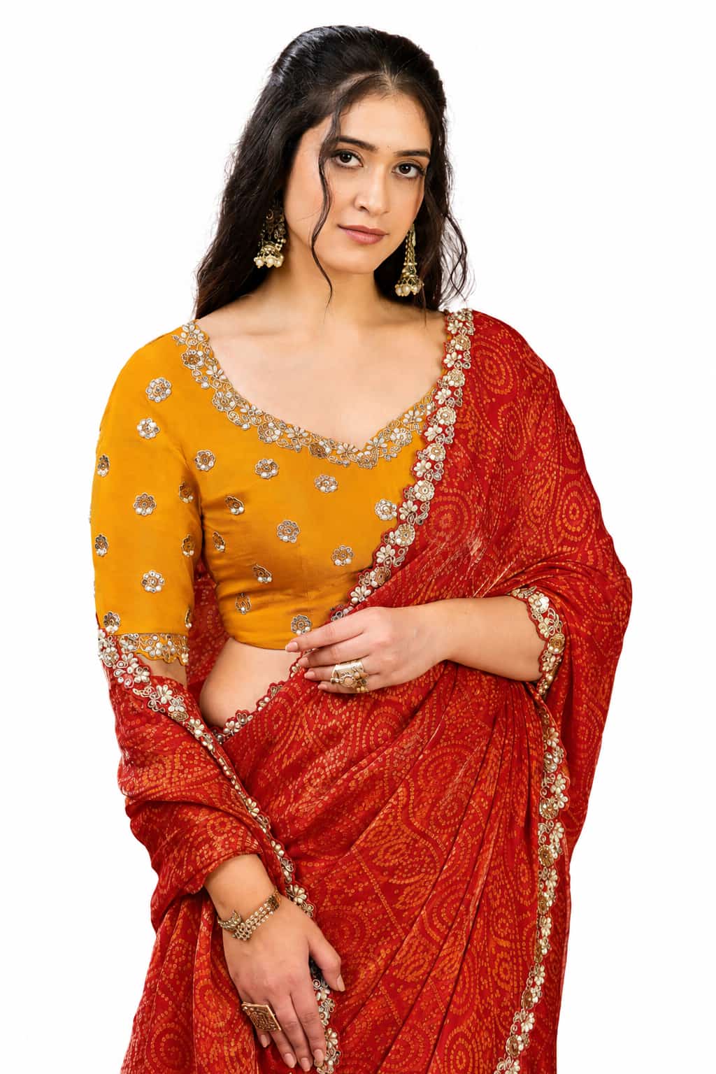 Rust Orange Two Tone Satin Silk Mirror Work Saree