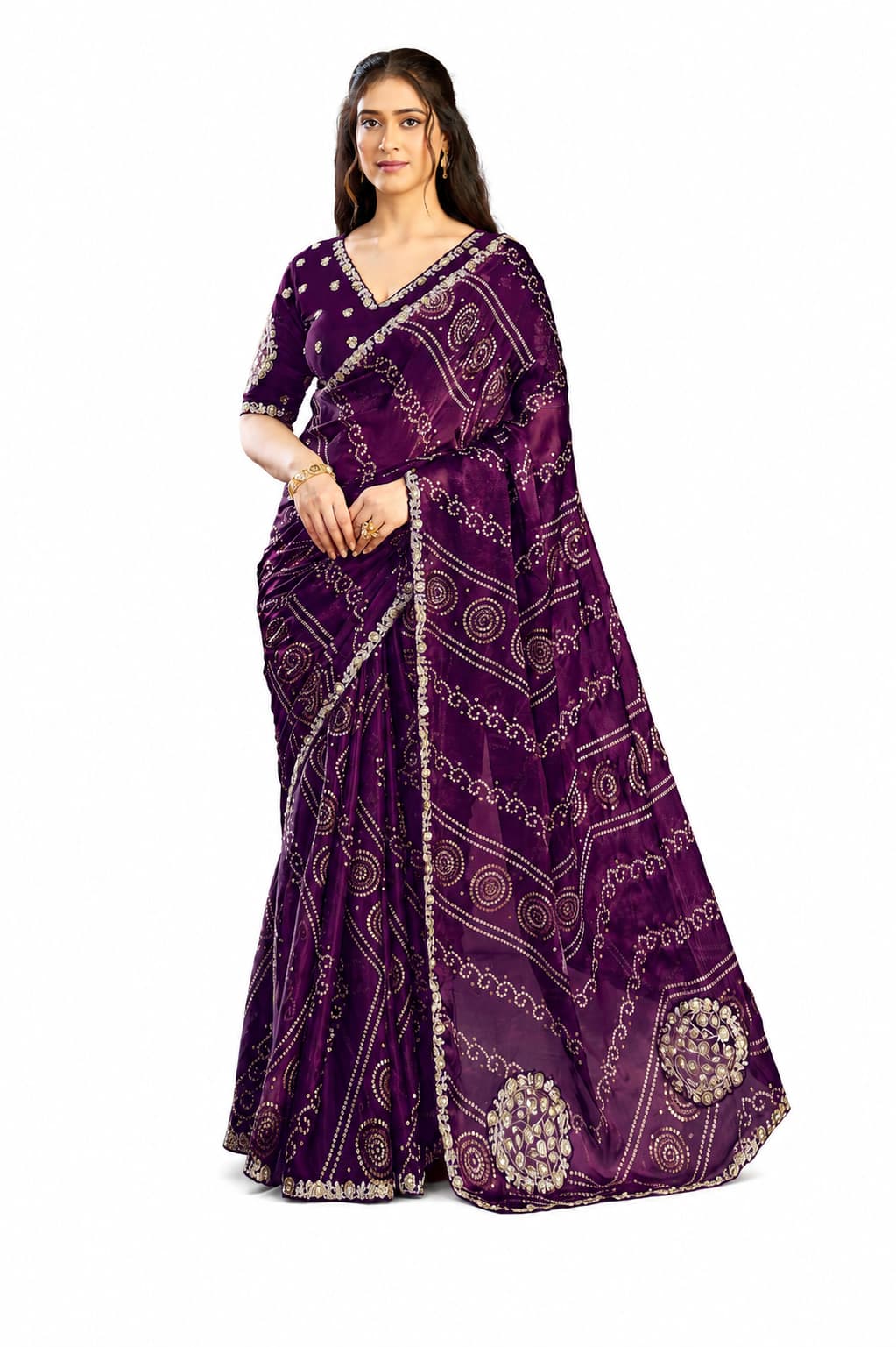 Deep Purple Two Tone Satin Silk Mirror Work Saree