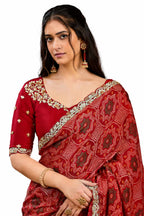 Crimson Red Two Tone Satin Silk Mirror Work Saree