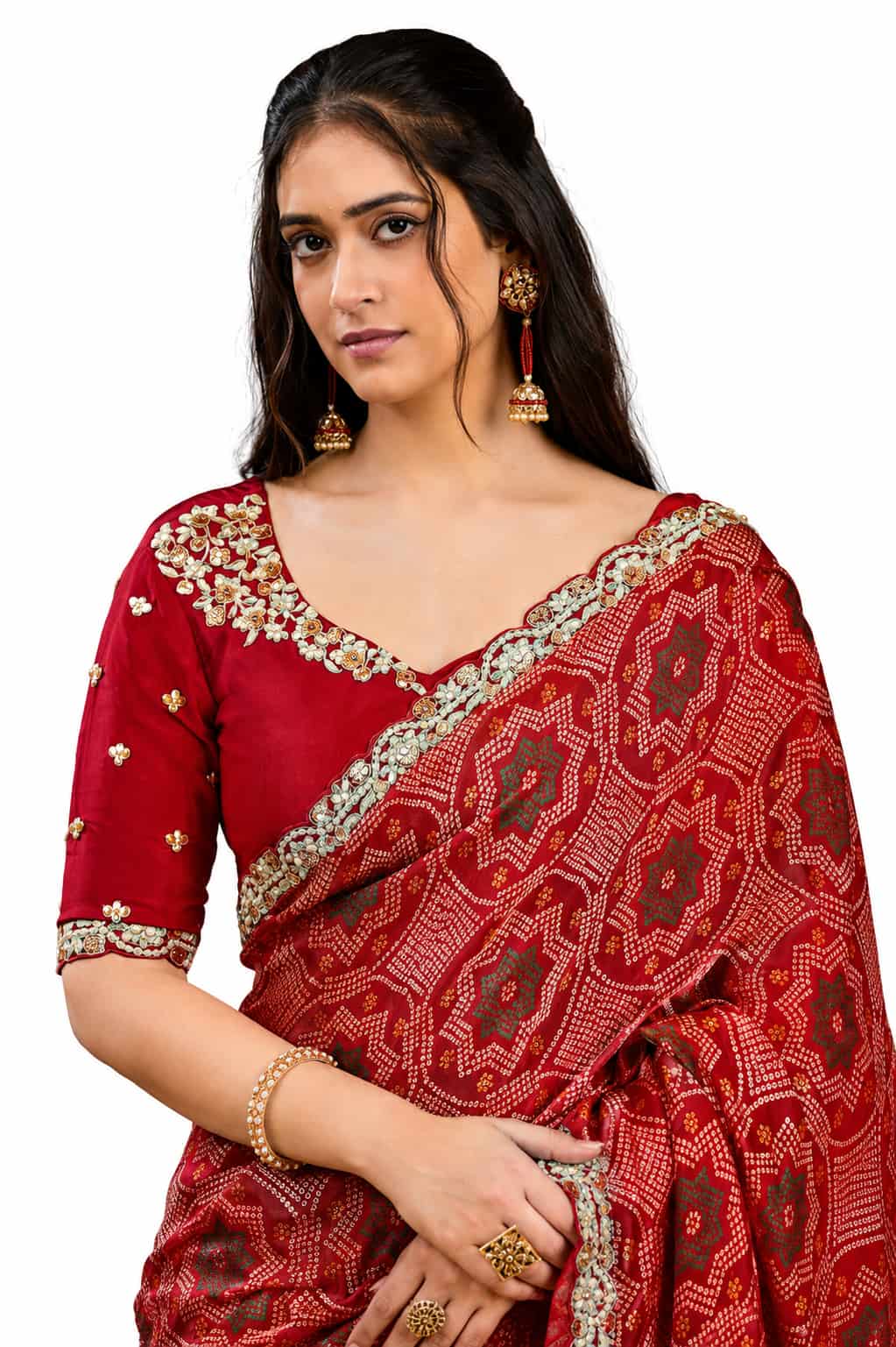 Crimson Red Two Tone Satin Silk Mirror Work Saree