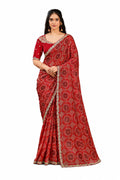Crimson Red Two Tone Satin Silk Mirror Work Saree