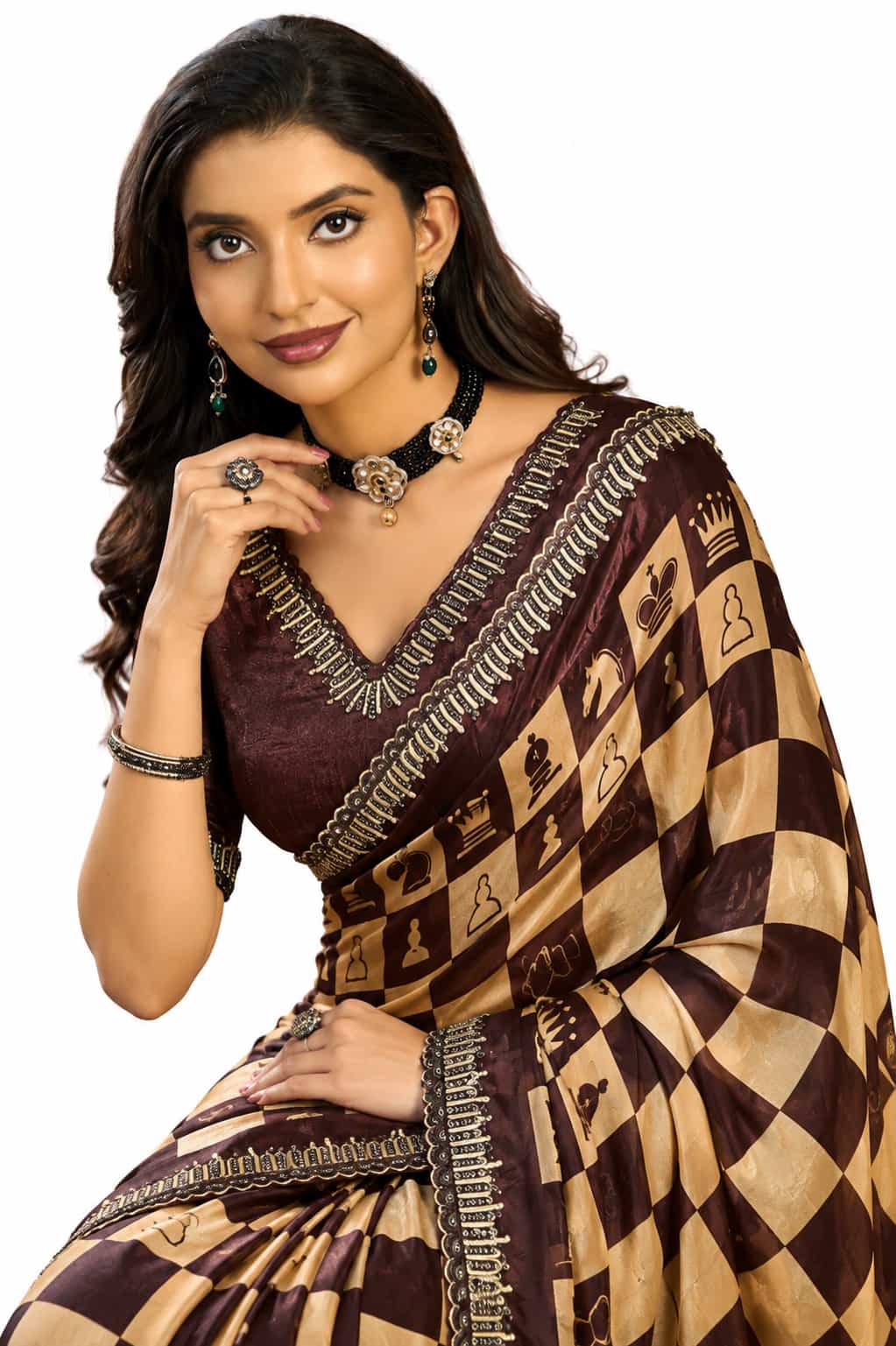 Coffee Two Tone Satin Silk Mirror Work Saree