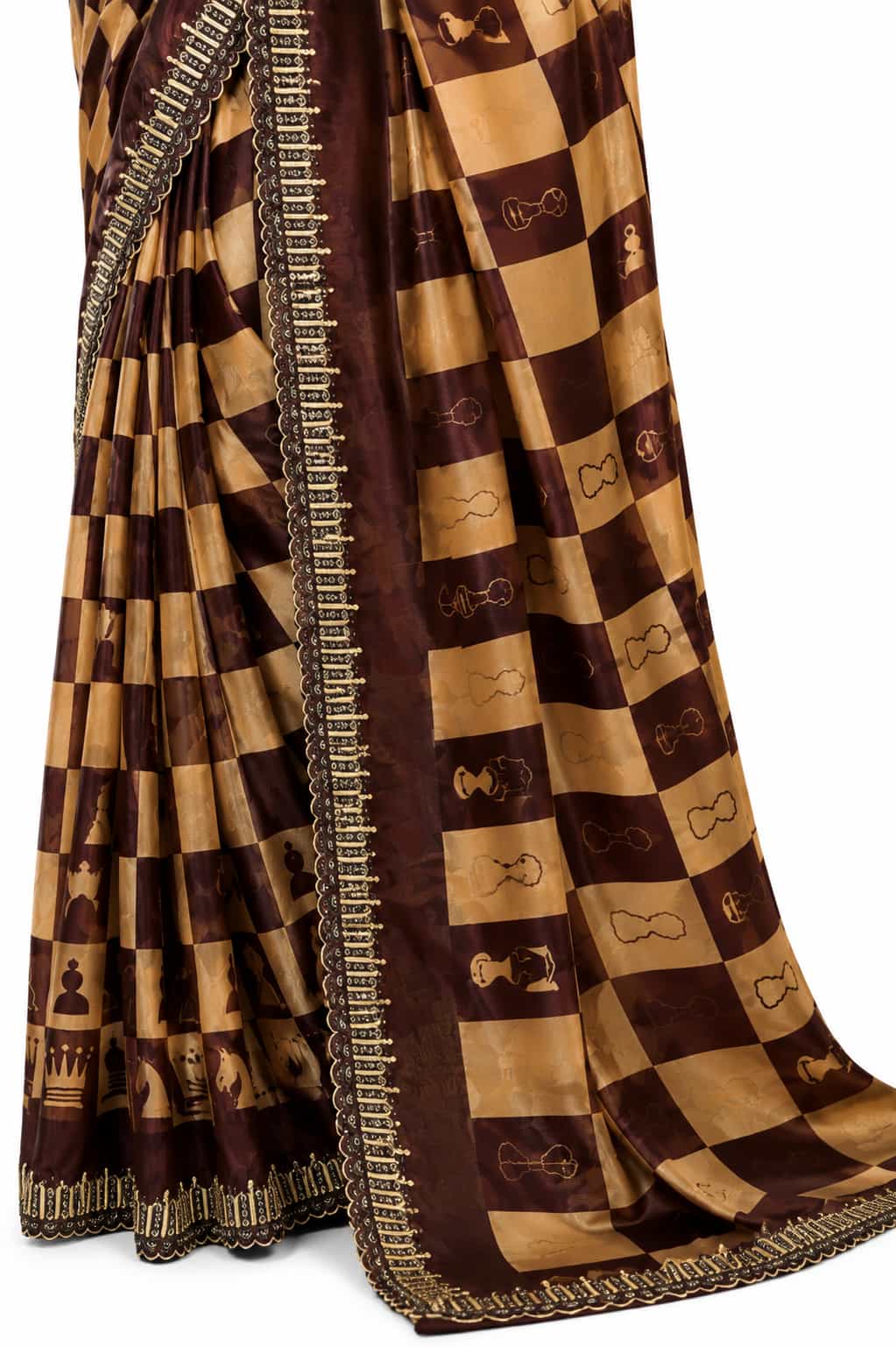 Coffee Two Tone Satin Silk Mirror Work Saree