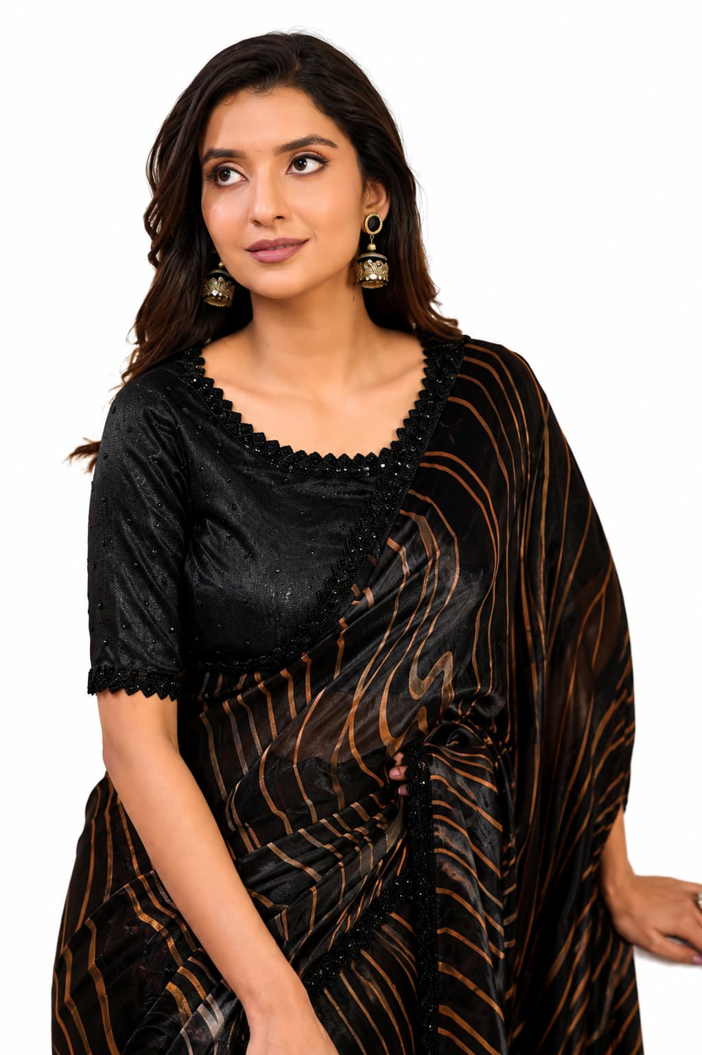 Black Two Tone Satin Silk Mirror Work Saree