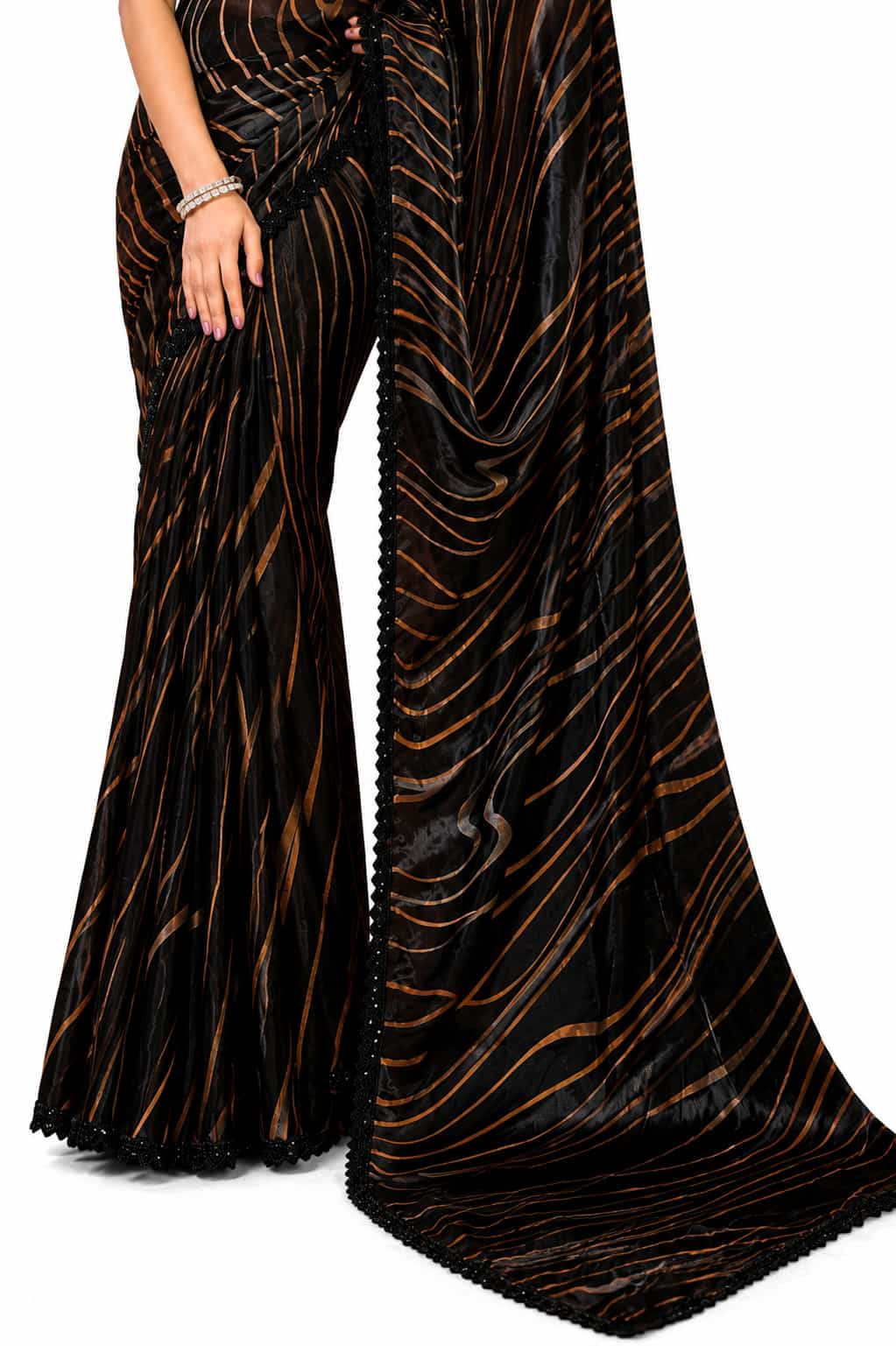 Black Two Tone Satin Silk Mirror Work Saree