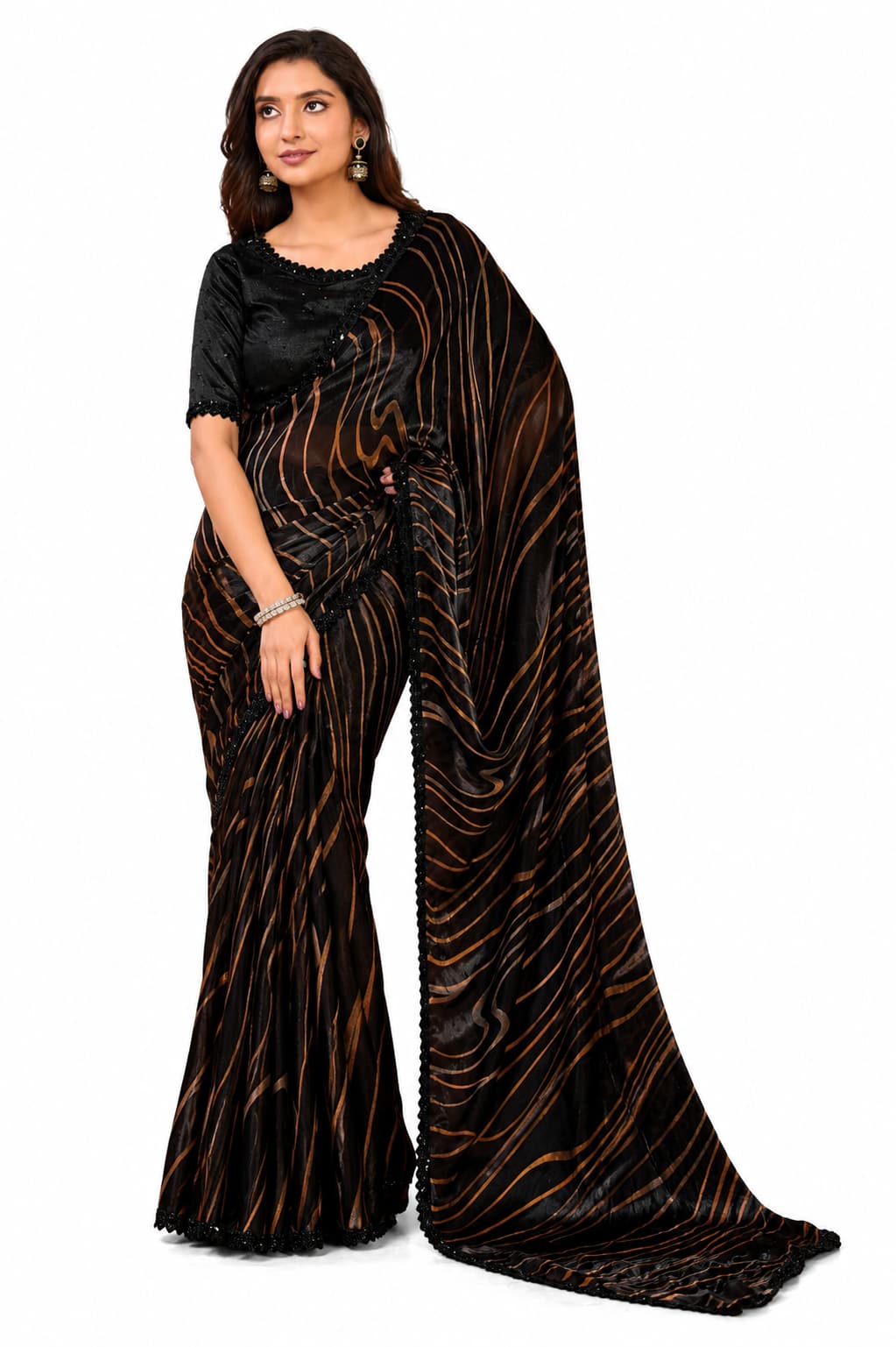 Black Two Tone Satin Silk Mirror Work Saree