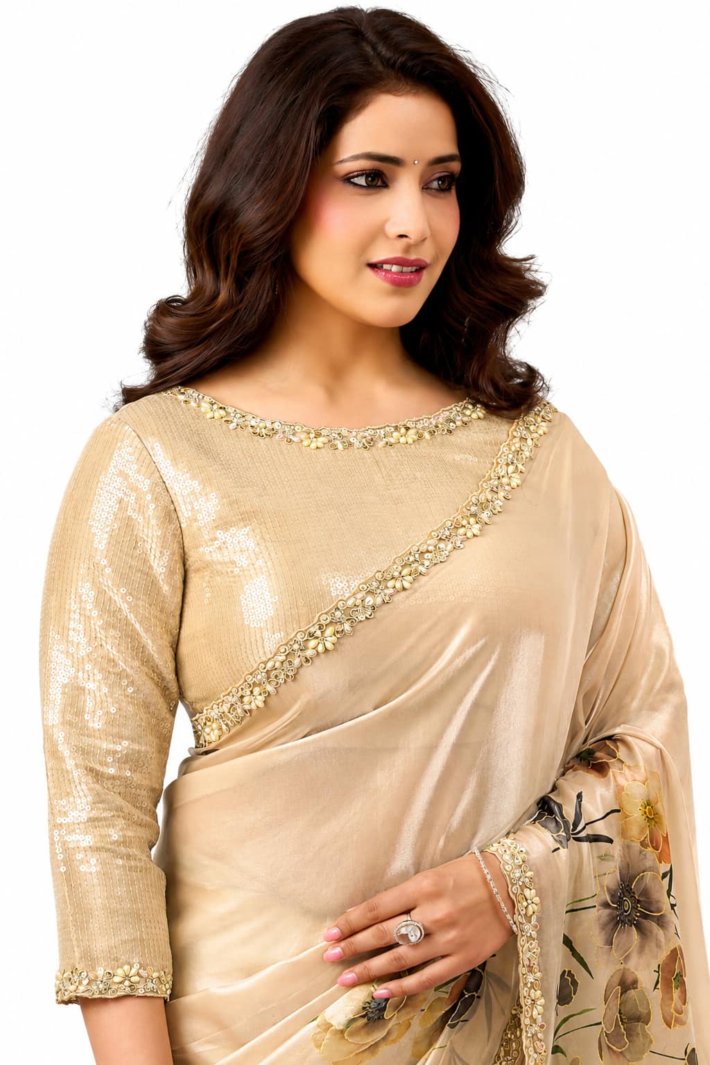 Champagne Gold Two Tone Satin Silk Saree - View 2