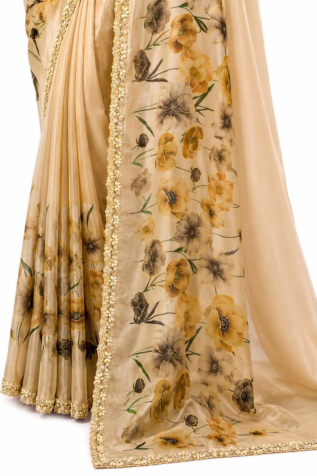 Champagne Gold Two Tone Satin Silk Saree - View 3