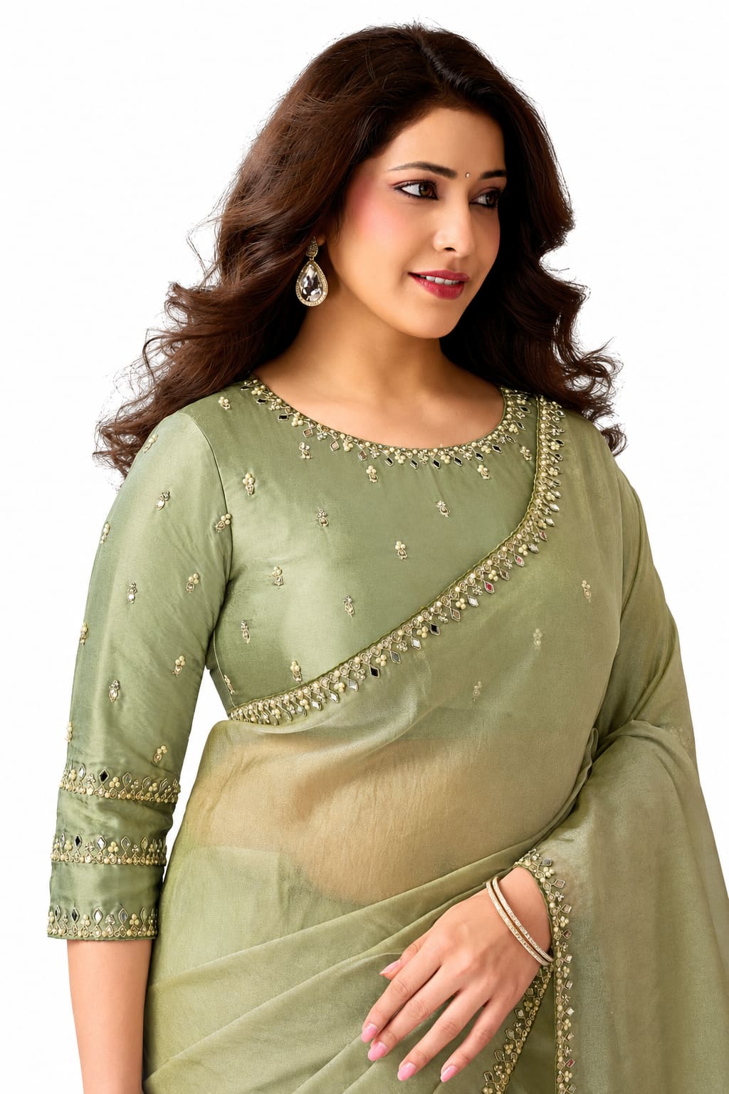Sage Green Zari Organza Satin Saree - View 2