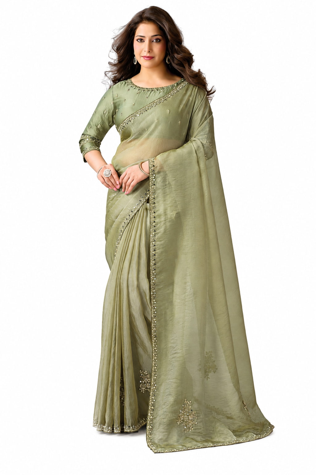 Sage Green Zari Organza Satin Saree